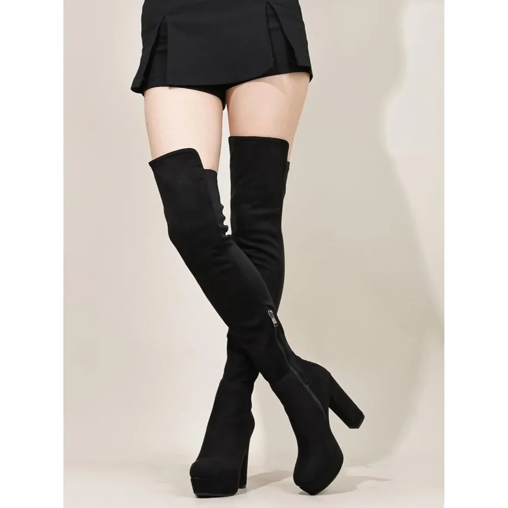 Women Black-pj-suede Synthetic Chunky Heel Side Zipper Thigh High Western Boots